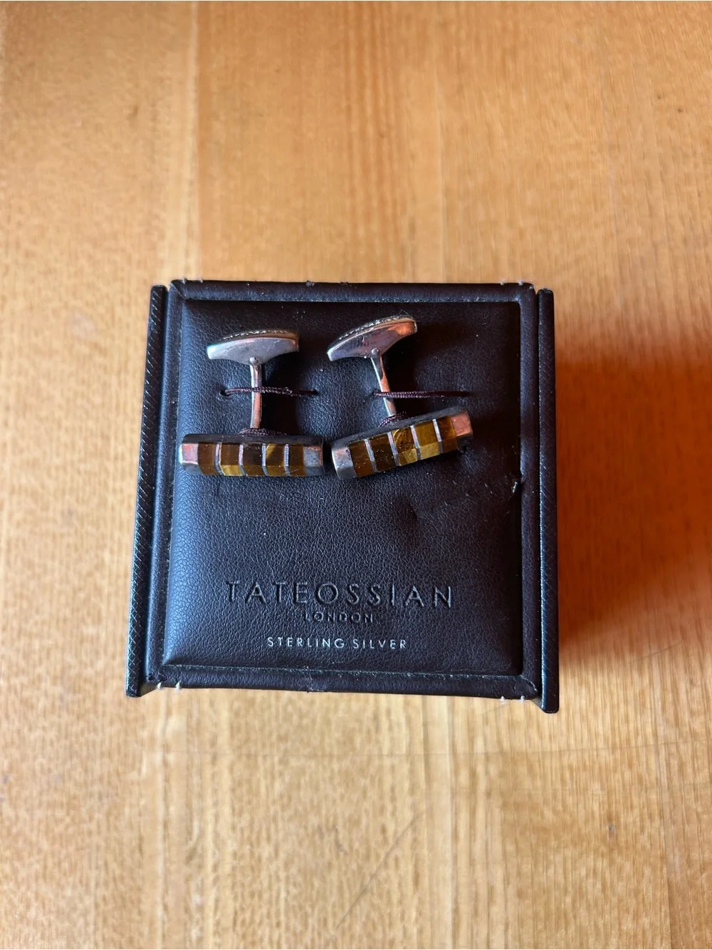 Tateossian Sterling Silver Cats Eye Brown Mosaic Inlay Cufflinks